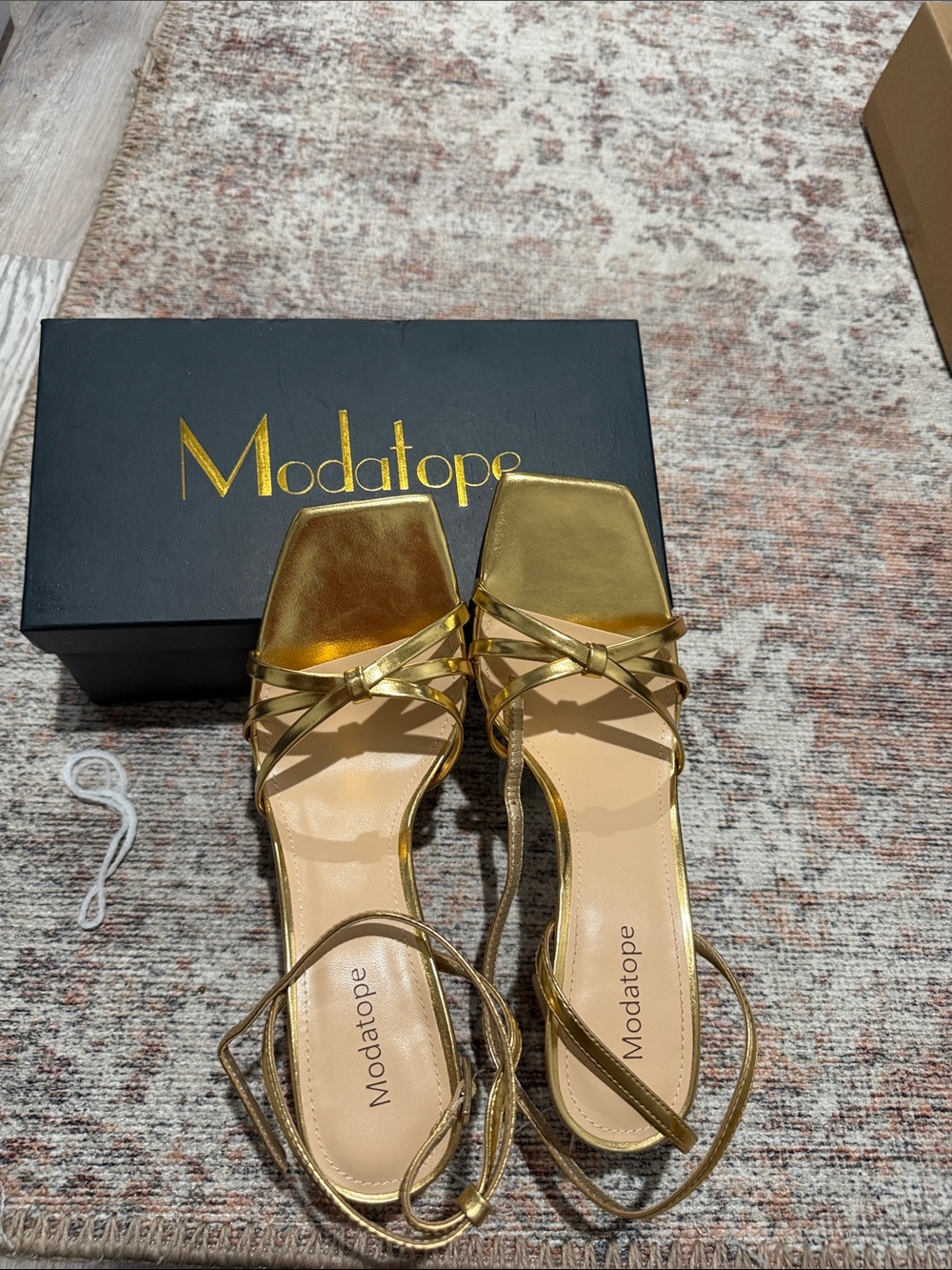 Modatope Metallic Gold Strappy Square-Toe Heels